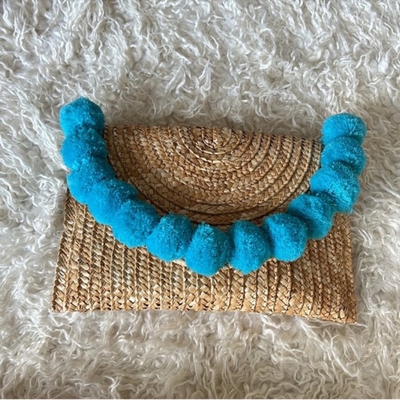 Anthropologie Shiraleah Jute Straw Pom Pom Clutch Blue Tan Festival Boho Beach - Picture 2 of 7